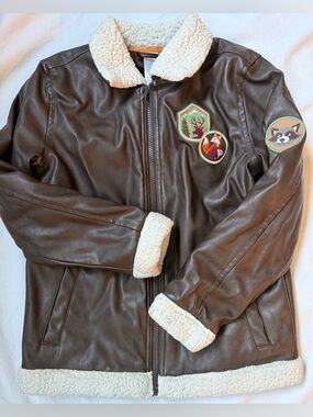 Gymboree Brown Faux Leather Jacket with Cream Sherpa Trim and Animal Patches